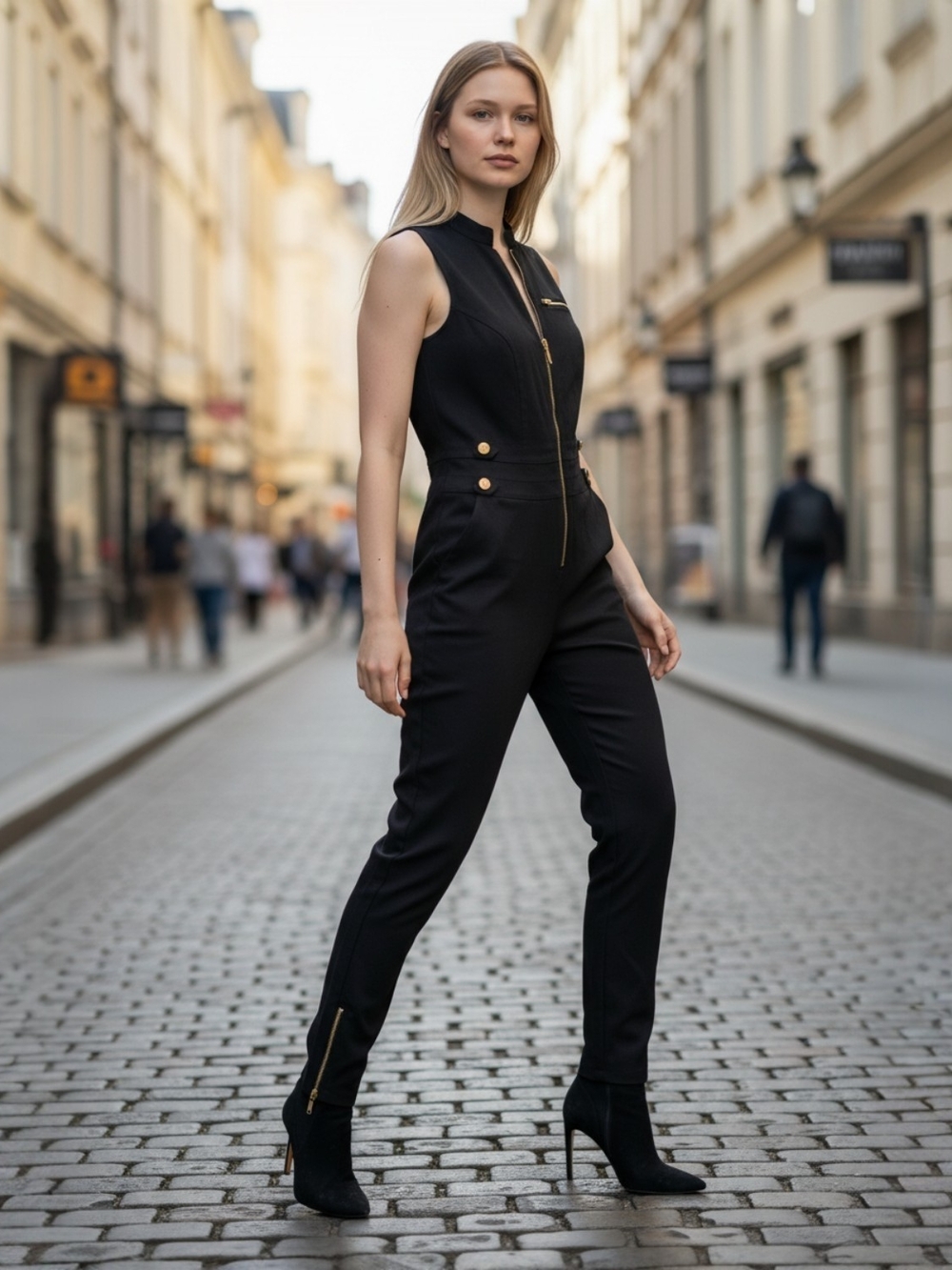 VENUS Black Sleeveless Jumpsuit with Gold Hardware